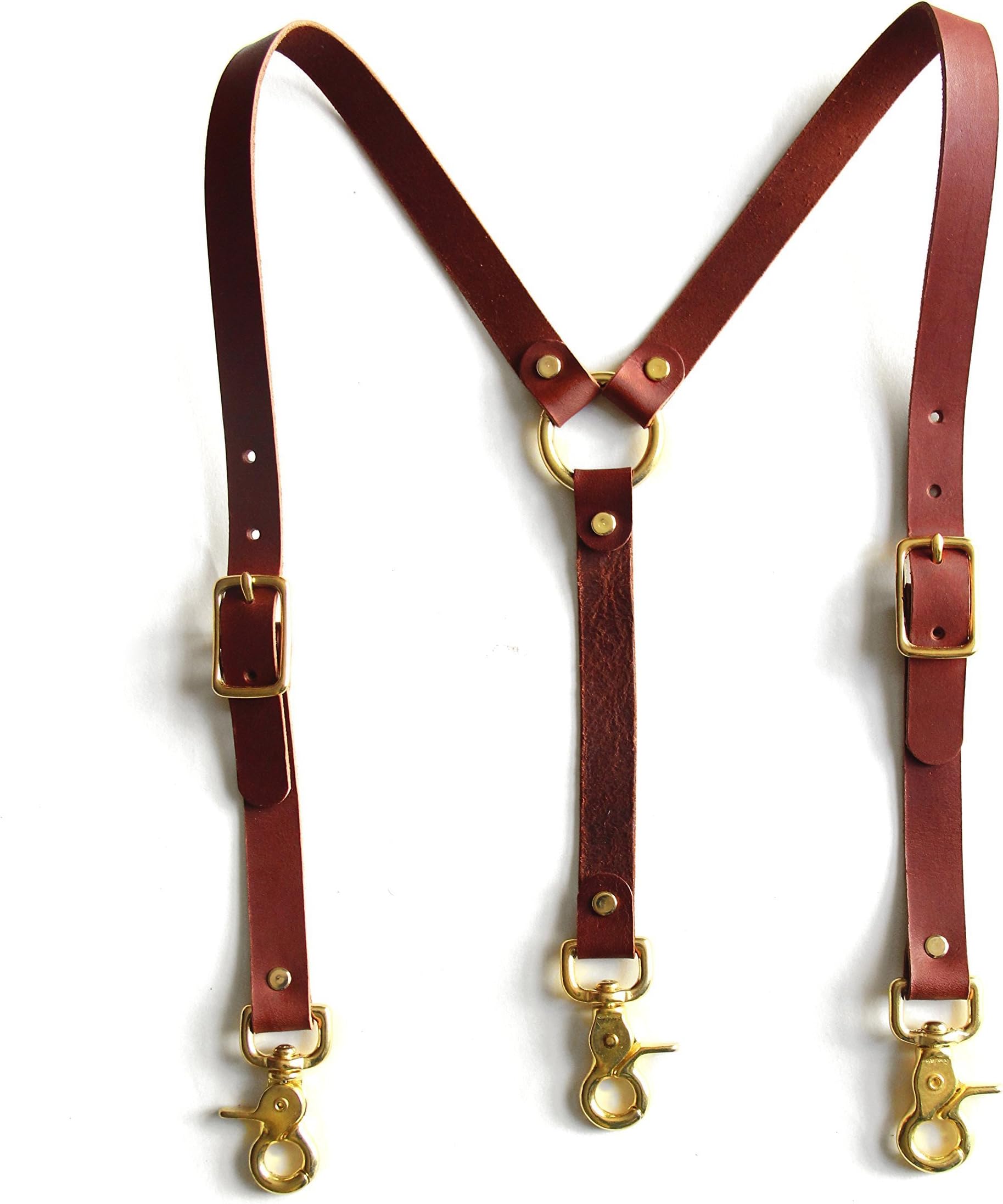 High-Waisted Chestnut Leather Suspenders with Brass Hardware - Y-Back Style