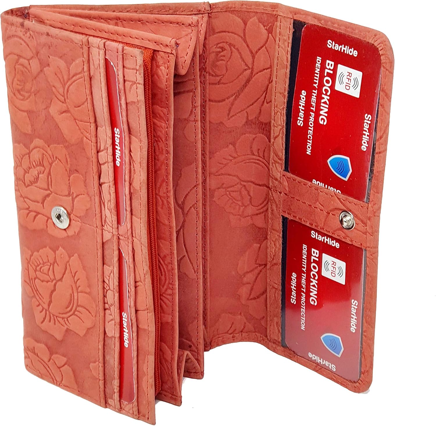 STARHIDE Womens RFID Protected Embossed Floral Purse Distressed Hunter Leather 5580 (Red), Black - Image 5