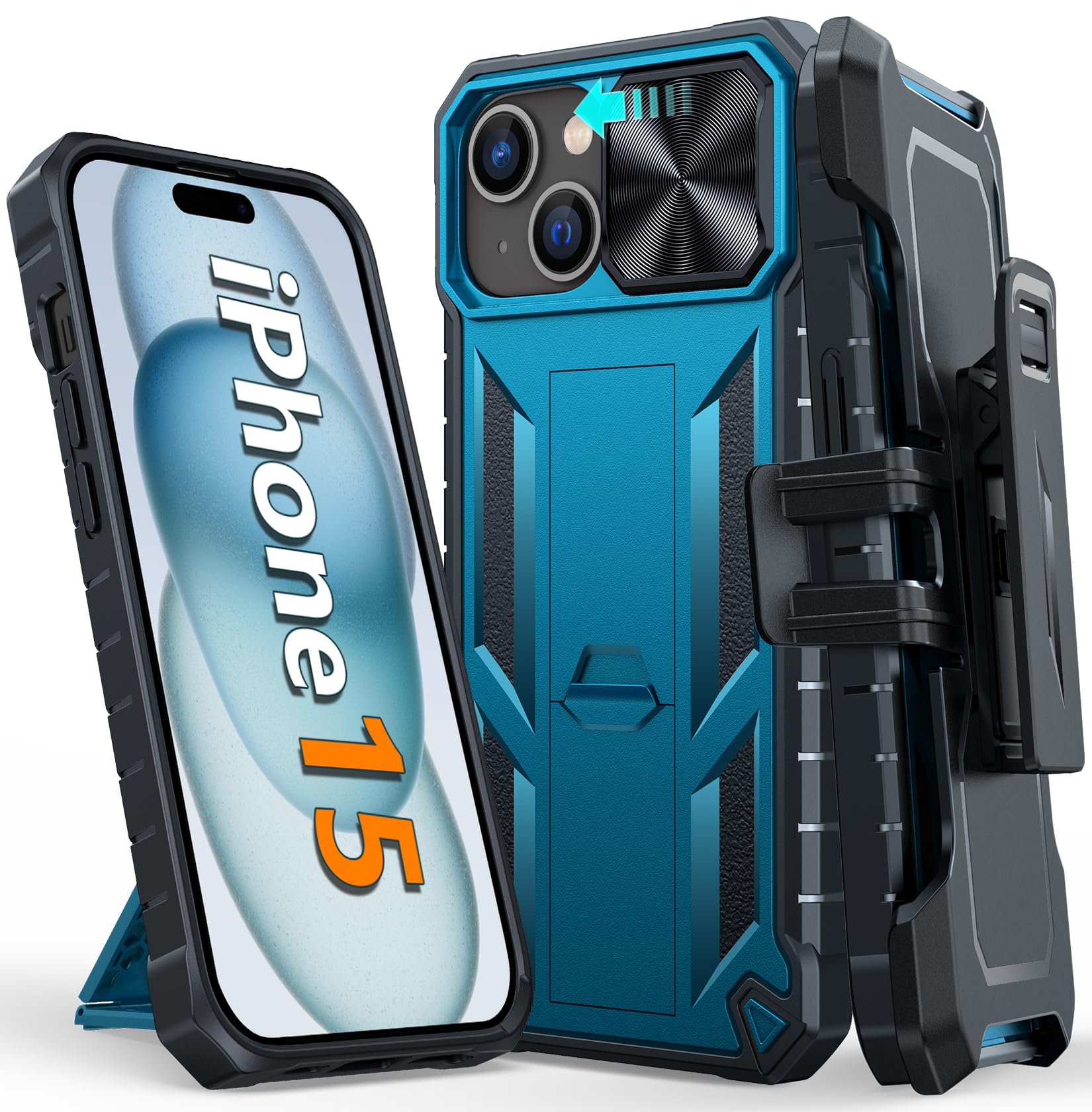 Photo 1 of FNTCASE for iPhone 15 Phone Case: for iPhone 16e Military Grade Dropproof Cell Phone Cover with Kickstand & Slide | Heavy Duty Rugged Shockproof Phonecase with Belt Clip Holster(Blue)