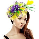 Bniksok Mardi Gras Fascinators for Women Tea Party Hat Yellow Purple Green Headpiece for Mardi Gras Party