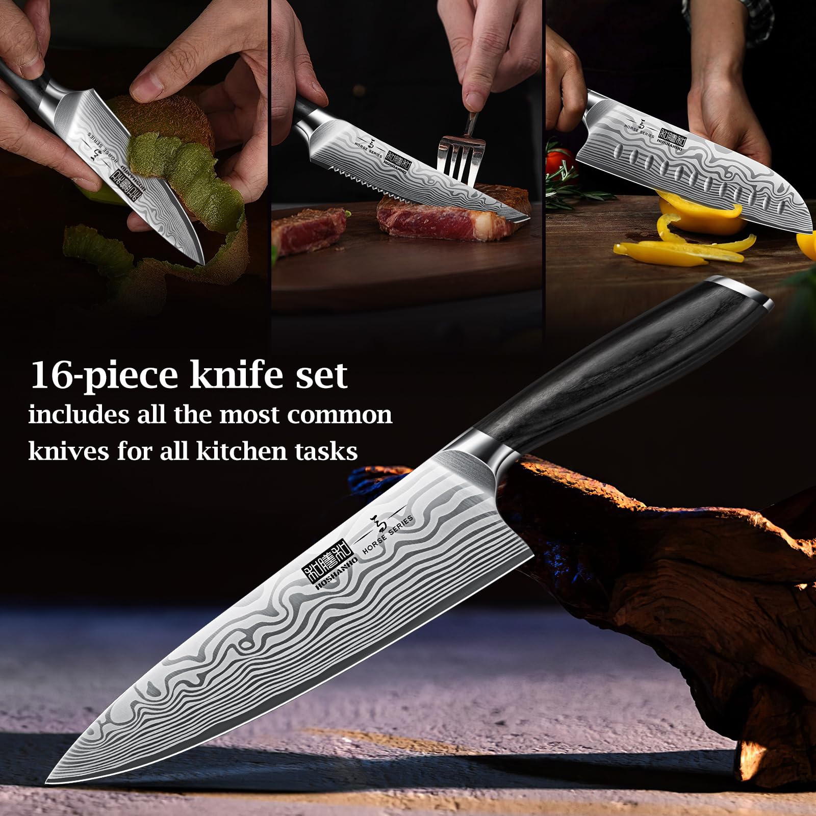 HOSHANHO 16-teiliges Messerblock Set, Ultra Scharfes Messerset aus Edelstahl mit Hohem Kohlenstoffgehalt, Kochmesserset Professionelles Küchenmesserset mit Schärfer und Pakkawood-Griff 5