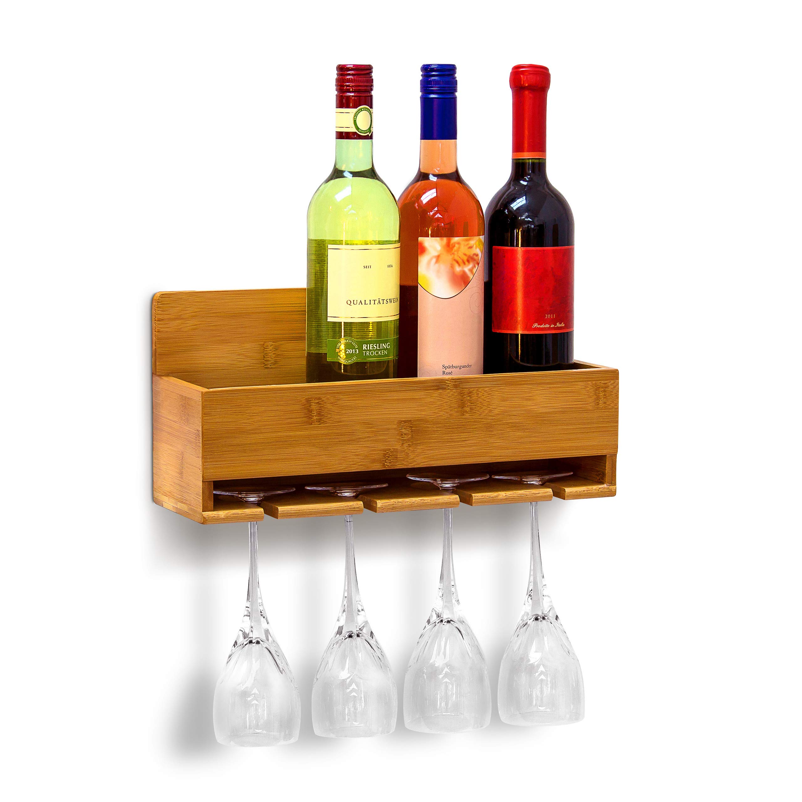 Relaxdays Wine Shelf With Glass Holder: 17 x 37 x 11.5 cm Bottle Stand Bamboo With Space For 4 Bottles & 4 Glasses Wall-Mounted Hanging Wooden Shelf As Bottle Holder, Natural Brown