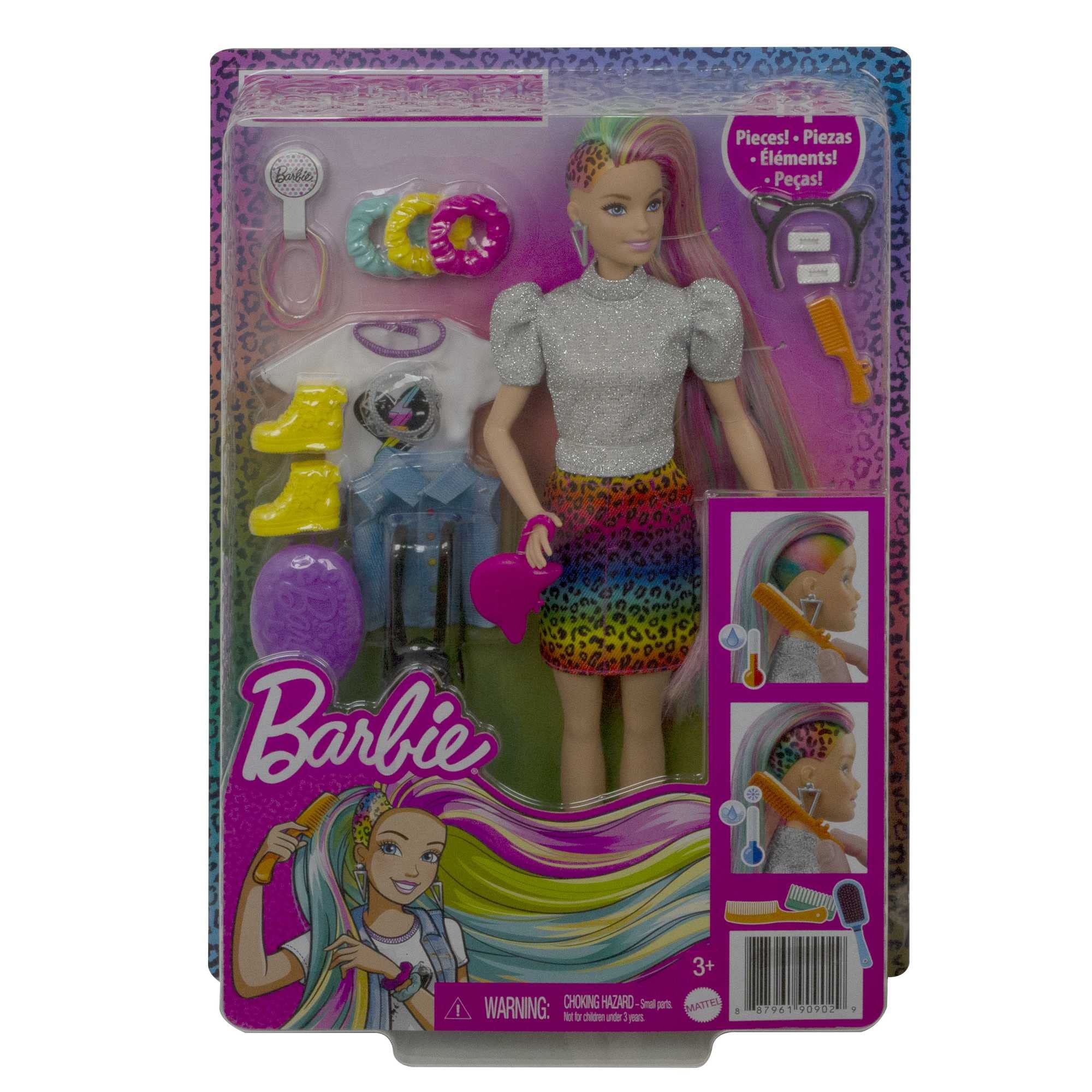 Barbie Doll Leopard Rainbow Hair with Color-Change Highlights & 16 Styling Accessories Including Clothes, Scrunchies, Brush & More