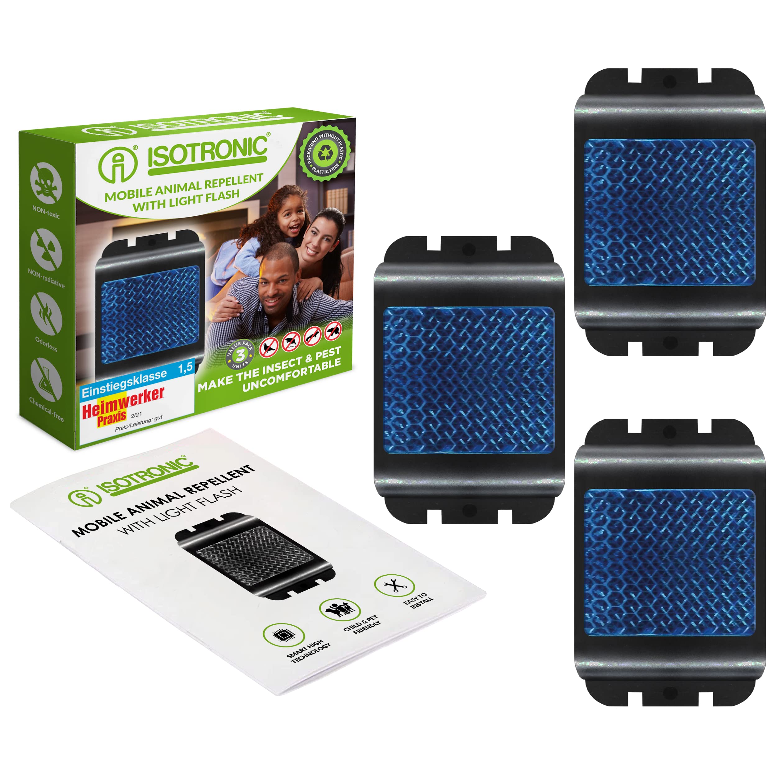 ISOTRONIC Animal Defense, Animal Repellent with Blue LED Light against Raccoon, Wild Animals, Deer, Wild Boar, Fox (Set of 3)