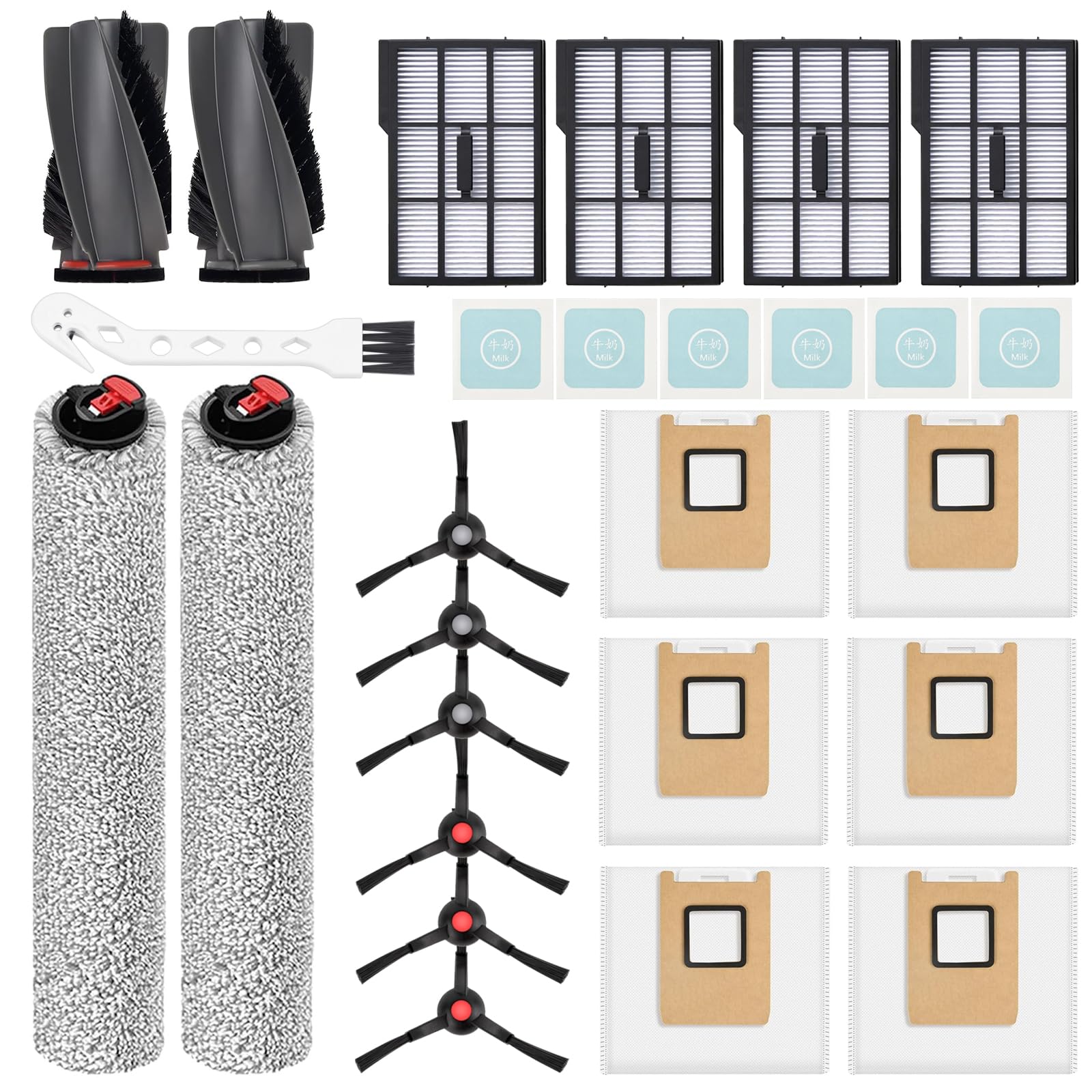 Photo 1 of 26 Count Replacement Kit for Eufy E25 / E28 / E28 Omni: 1 Pair Main Brushes, 2 Roller Mops, 4 HEPA Filters, 6 Side Brushes, 6 Dust Bags, 6 Scented Tablets (for Dust Bag Odor Control) + Cleaning Brush
