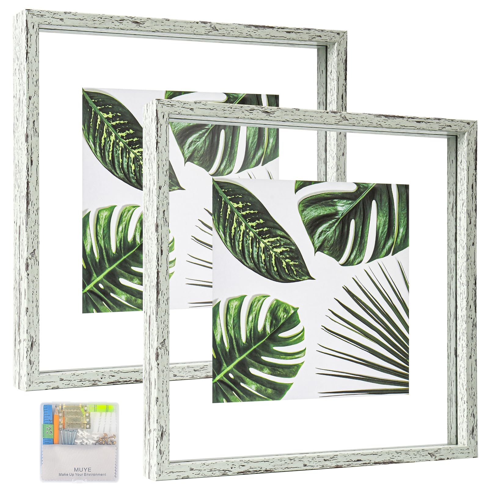 Photo 1 of MUYE 12x12 Floating Frame Distressed Sage Green Wood Pattern Double Glass Square Picture Frame Set of 2 Display Any Size Photo up to 12x12,Wall Mount or Tabletop