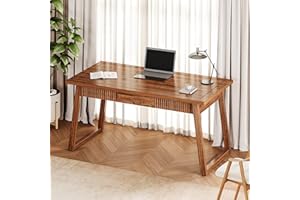 LITTLE TREE 55-Inch Home Office Desk with Drawer, Modern Minimalist Style Wooden Simple Study Writing Table, Mid-Century Log 