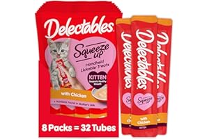 HARTZ Delectables Squeeze Up Kitten Creamy Squeezable Puree, Lickable Wet Cat Treats, Grain Free, No Added Fillers, No by-Products, No Added Preservatives, 0.5 Ounces Tube Chicken, 32 Tubes Total