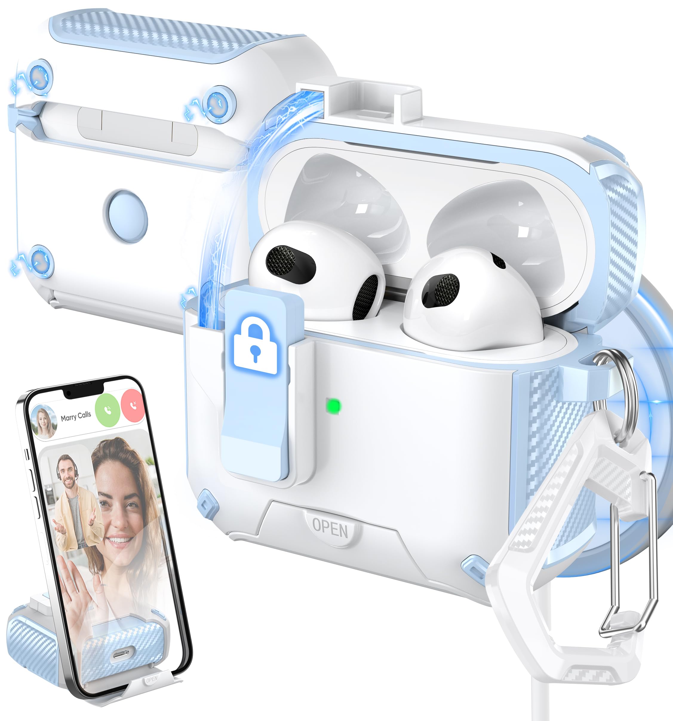 Photo 1 of MHYALUDO for AirPods 3rd Generation Case Cover, Compatible with Magsafe, Magnetic Automatic Lock, Charging Port Dust-Proof & Stand Design with Cleaning Kit, Blue/White