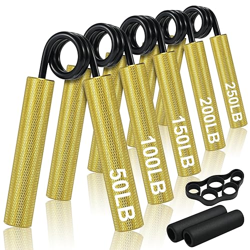 ECCOGREAT Metal Grip Strength Trainer Set(50-250LB), Hand Grip Strengthener for Muscle Building, Forearm Strengthener for Stress Relief, Hand Strengthening Devices for Office & Home Fitness(Gold)