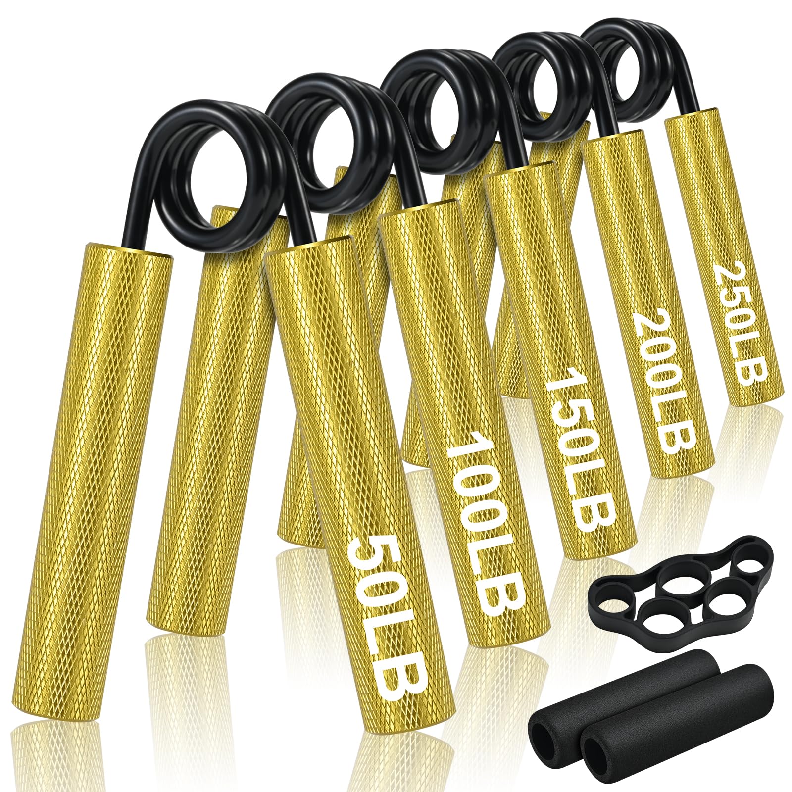ECCOGREAT Metal Grip Strength Trainer Set(50-250LB), Hand Grip Strengthener for Muscle Building, Forearm Strengthener for Stress Relief, Hand Strengthening Devices for Office & Home Fitness(Gold)