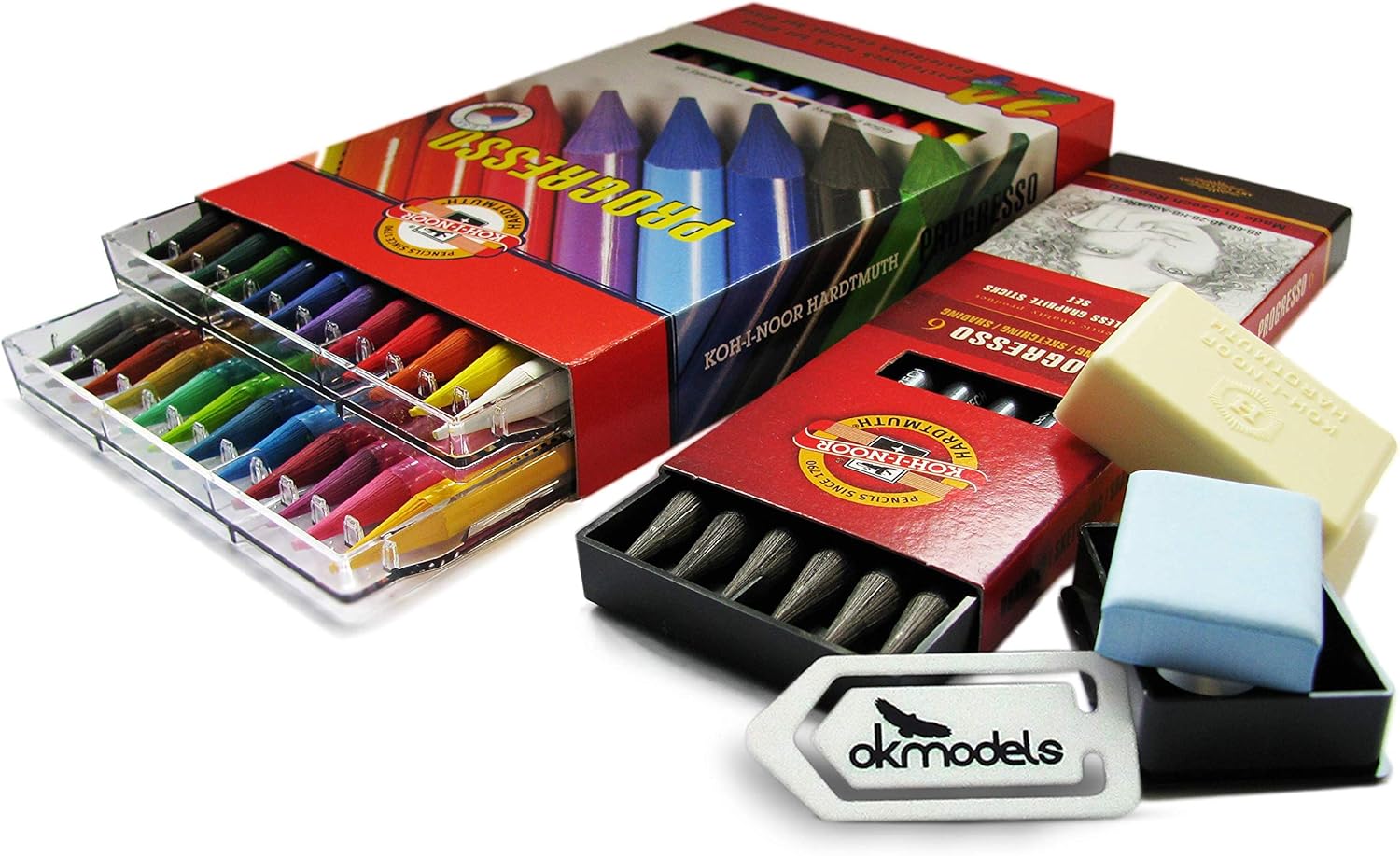 KOH-I-NOOR Progresso Woodless Pencils Set, Coloured Pencils, Kohinoor Eraser, Paper Clip OK Models, Graphite