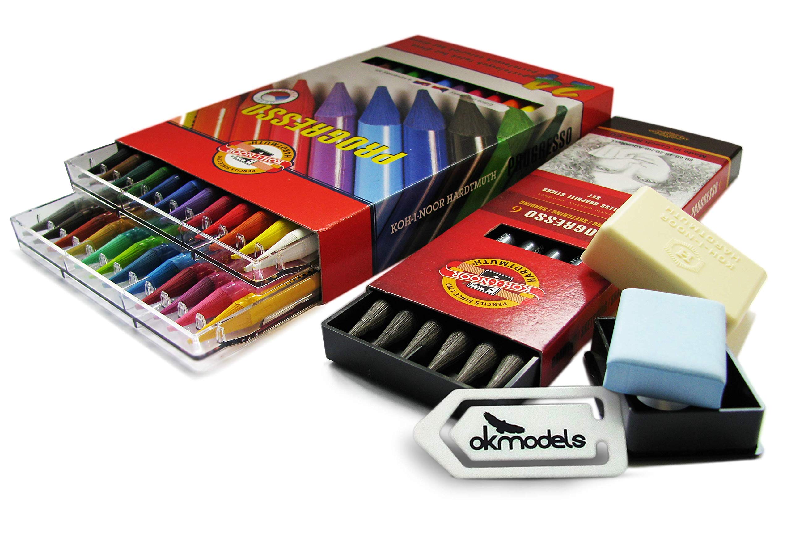KOH-I-NOOR Progresso Woodless Pencils Set, Coloured Pencils, Kohinoor Eraser, Paper Clip OK Models