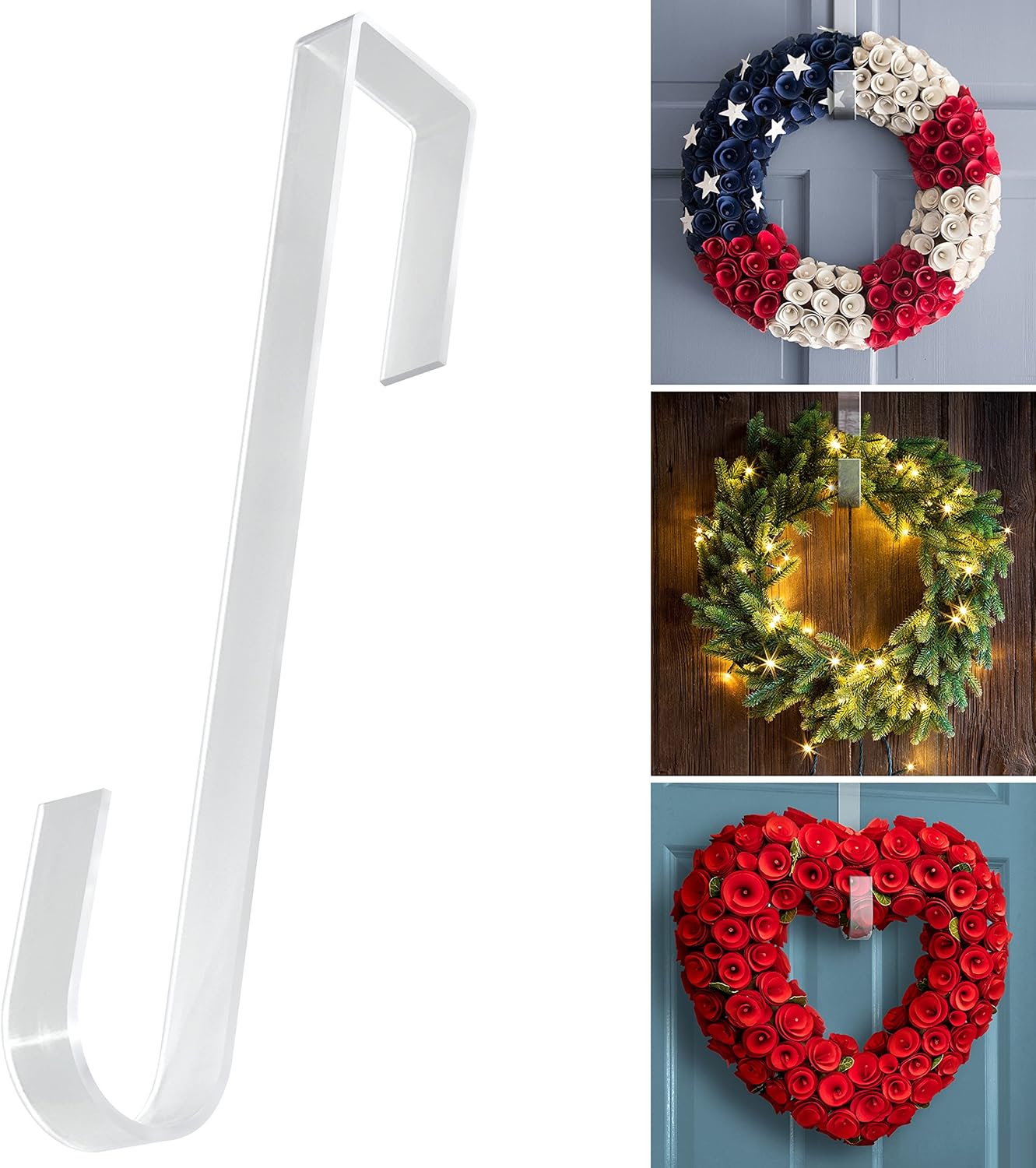 Wreath Hangers - Shop Square Clear Wreath Hangers for Front Door - 12 Inch Door Wreath Hanger for Front Door Outside - Scratch-Free, Adhesive Free Over The Door Hanger Hook for Front Door Indoor or Outdoor