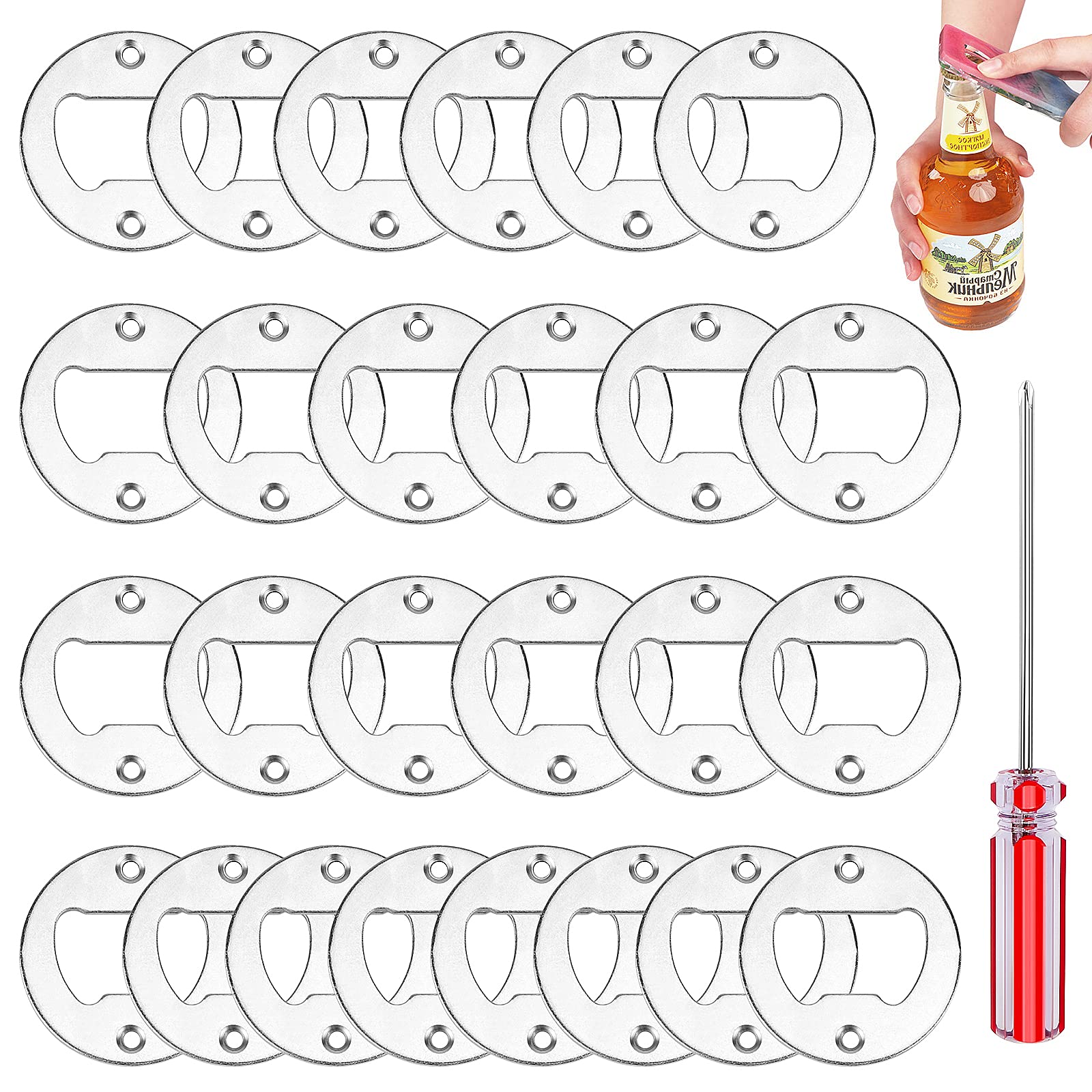Hysagtek 26 Sets Bottle Opener Inserts Stainless Steel Round DIY Bottle Opener Inset Hardware Kit with Screws and Screwdriver for Bottle Opener Resin Molds DIY Crafts Making (Silver)