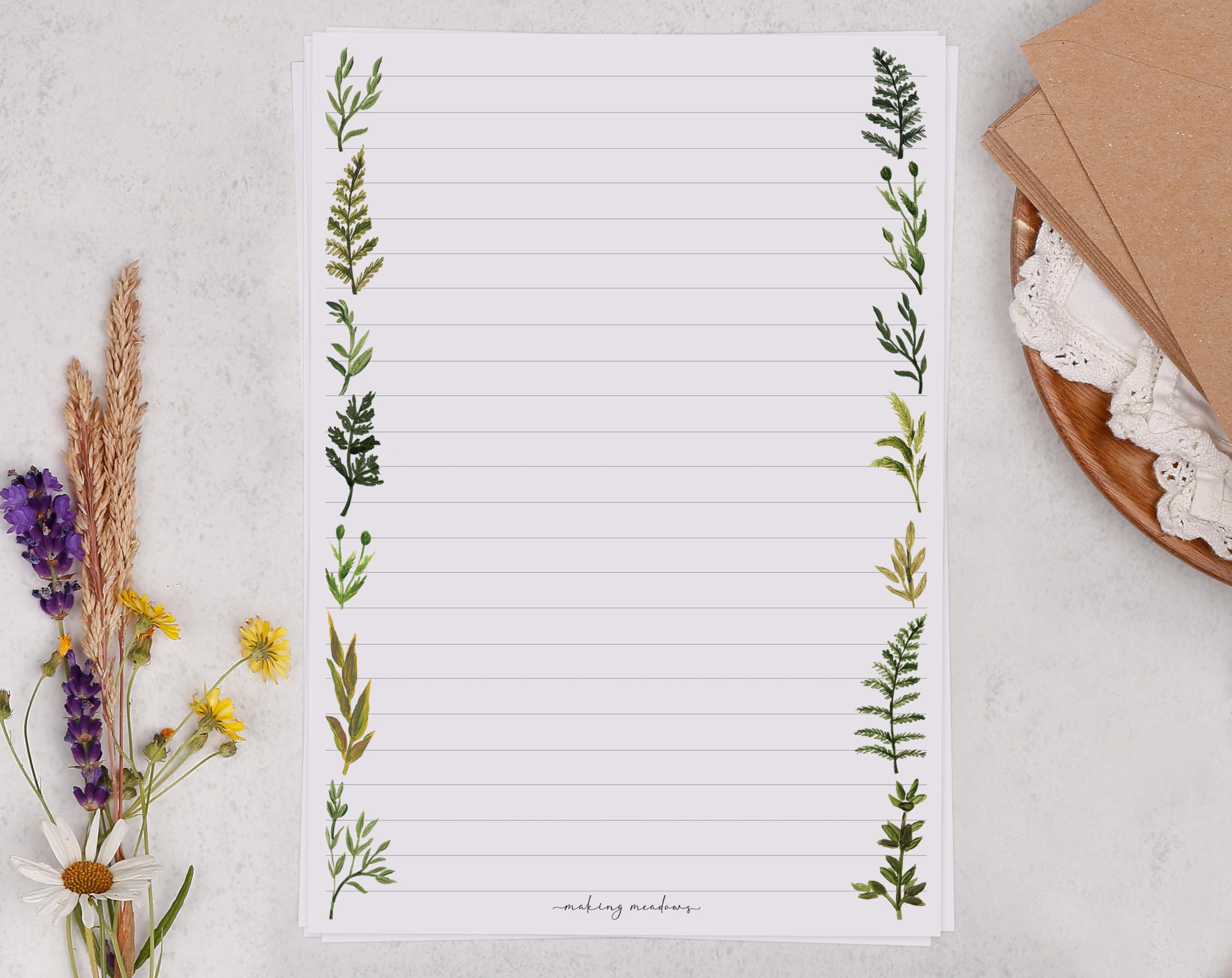 Making Meadows A5 Luxury Writing Paper Sets for Adults, Lined Letter Writing Paper and Envelopes in Botanical Border (20 Sheets & 10 Envelopes)