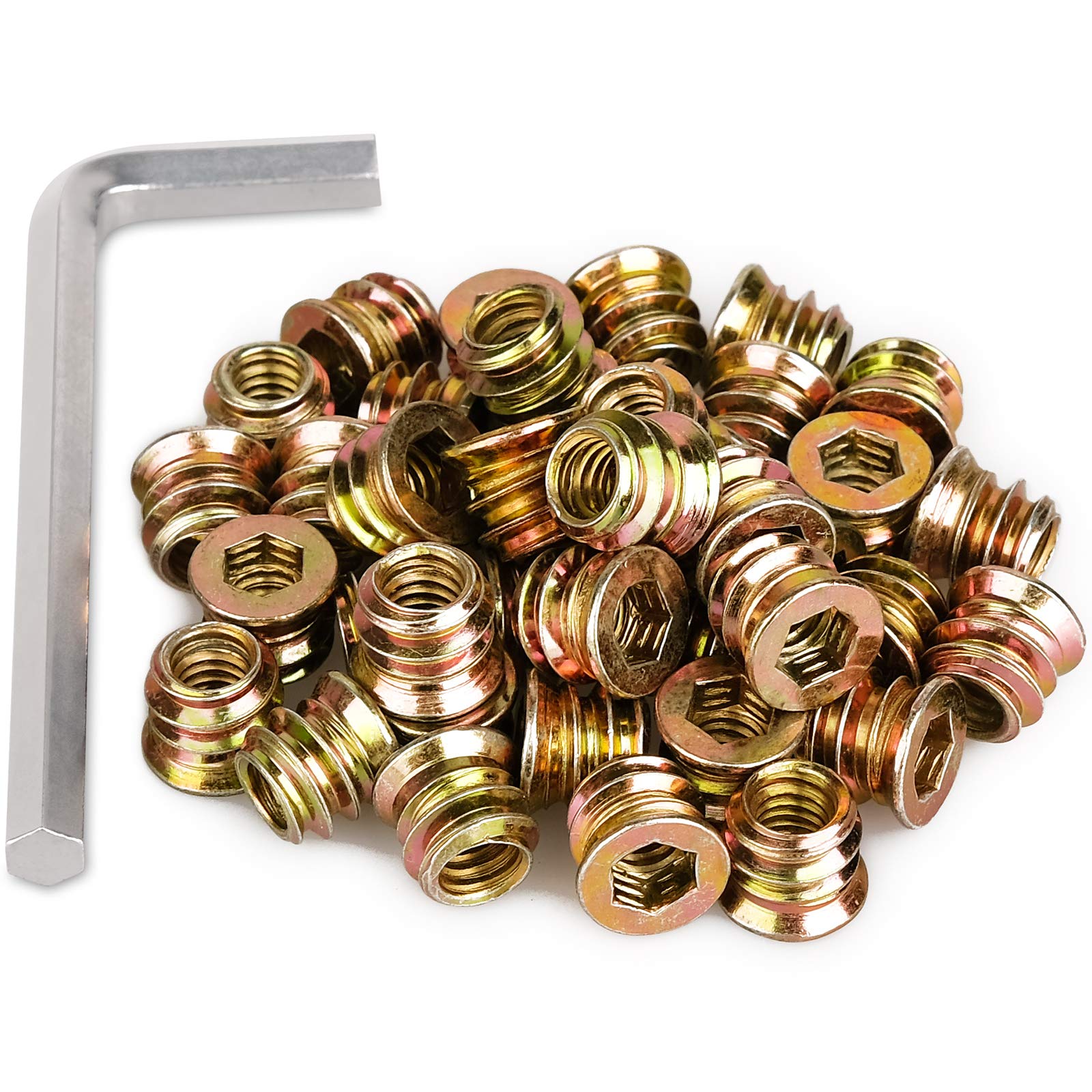 40Pcs Anwenk 1/4"-20 x 10mm Furniture Screw in Nut Threaded Wood Inserts Bolt Fastener Connector Hex Socket Drive for Wood Furniture Assortment (with Hex Spanner)