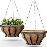 VOXOR Metal Hanging Baskets for Plants, Heavy Duty Wrought Iron Hanging Baskets with Coco Liner &amp; Reinforced Chain, Ideal for Garden, Patio &amp; Porch Decoration (2 Pack, 12 Inch)