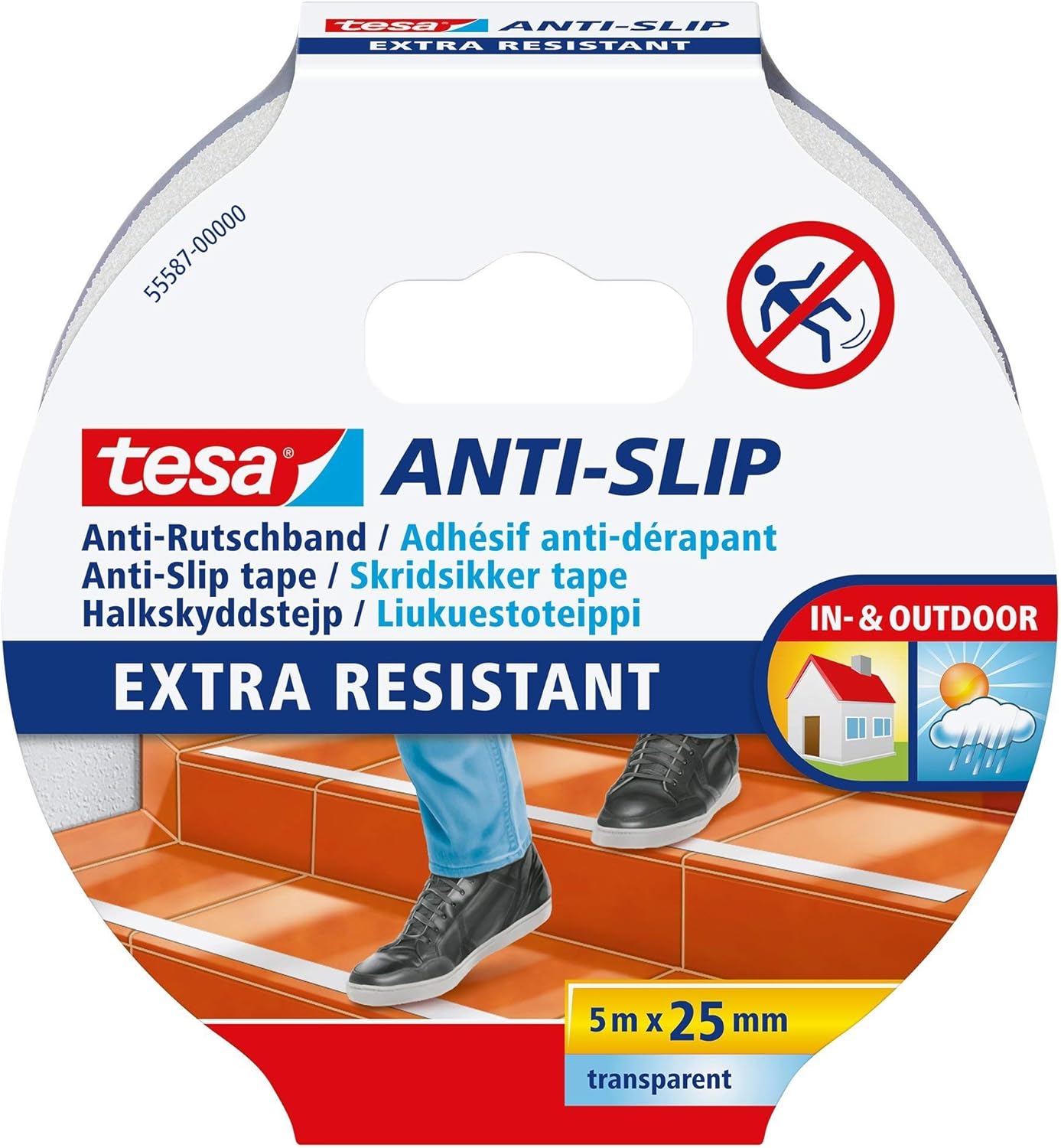 tesa Anti-Slip Tape, Non-Slip Adhesive Tape for Indoor and Outdoor Use, for Stairs Ladders and Smooth Floors, Transparent