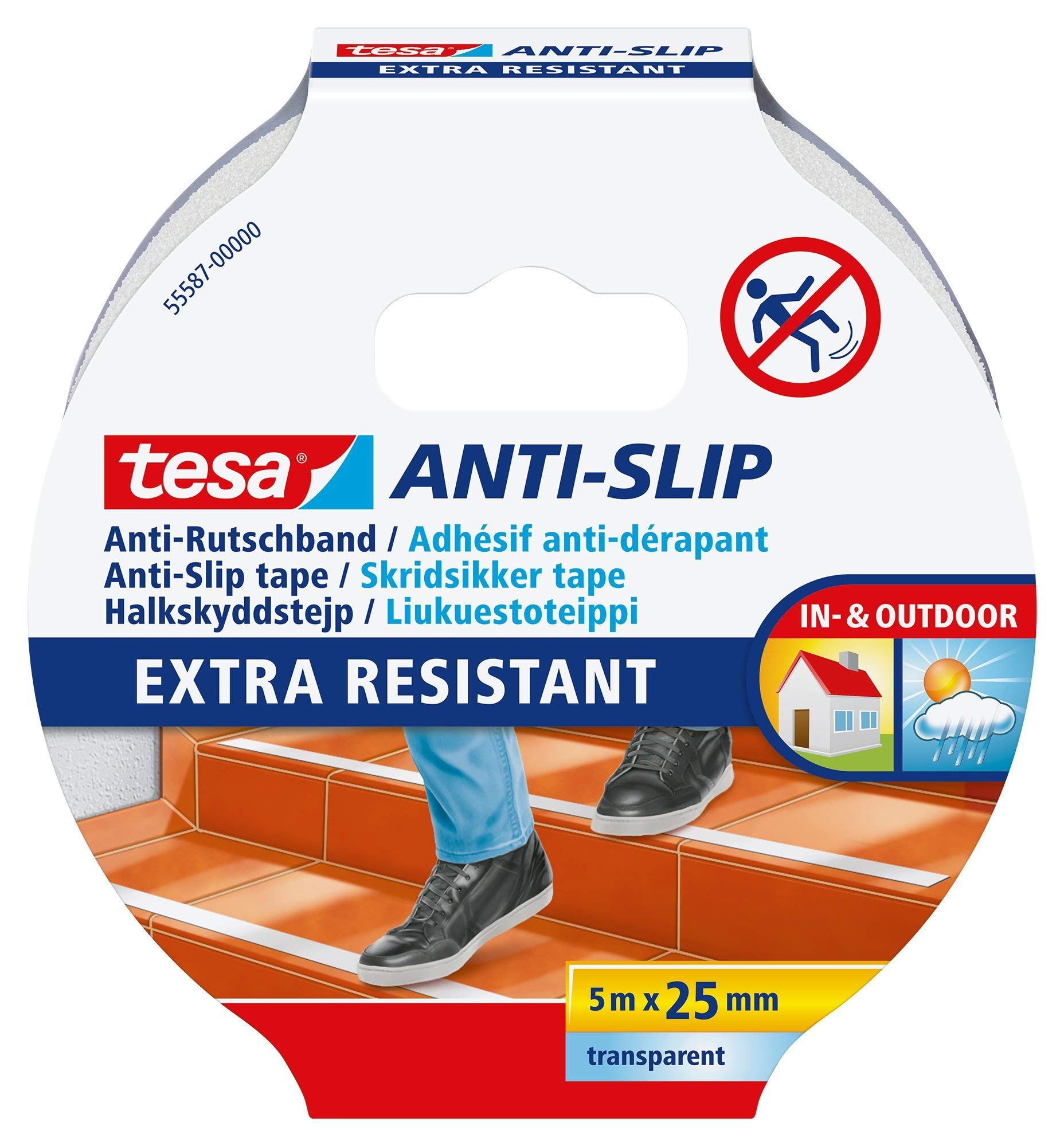tesa Anti-Slip Tape - Non-Slip Adhesive Tape for Indoor and Outdoor Use - for Stairs, Ladders and Smooth Floors - Transparent - 5 m x 25 mm