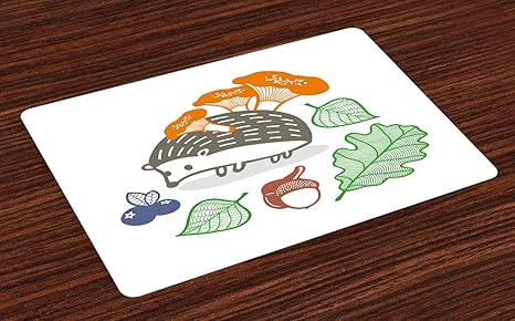 ABAKUHAUS Igel Platzmatten, Bunter Igel mit verschiedenen essbaren Einzelteilen Pilze Nuts und Blätter-Tierdiät, Tiscjdeco au