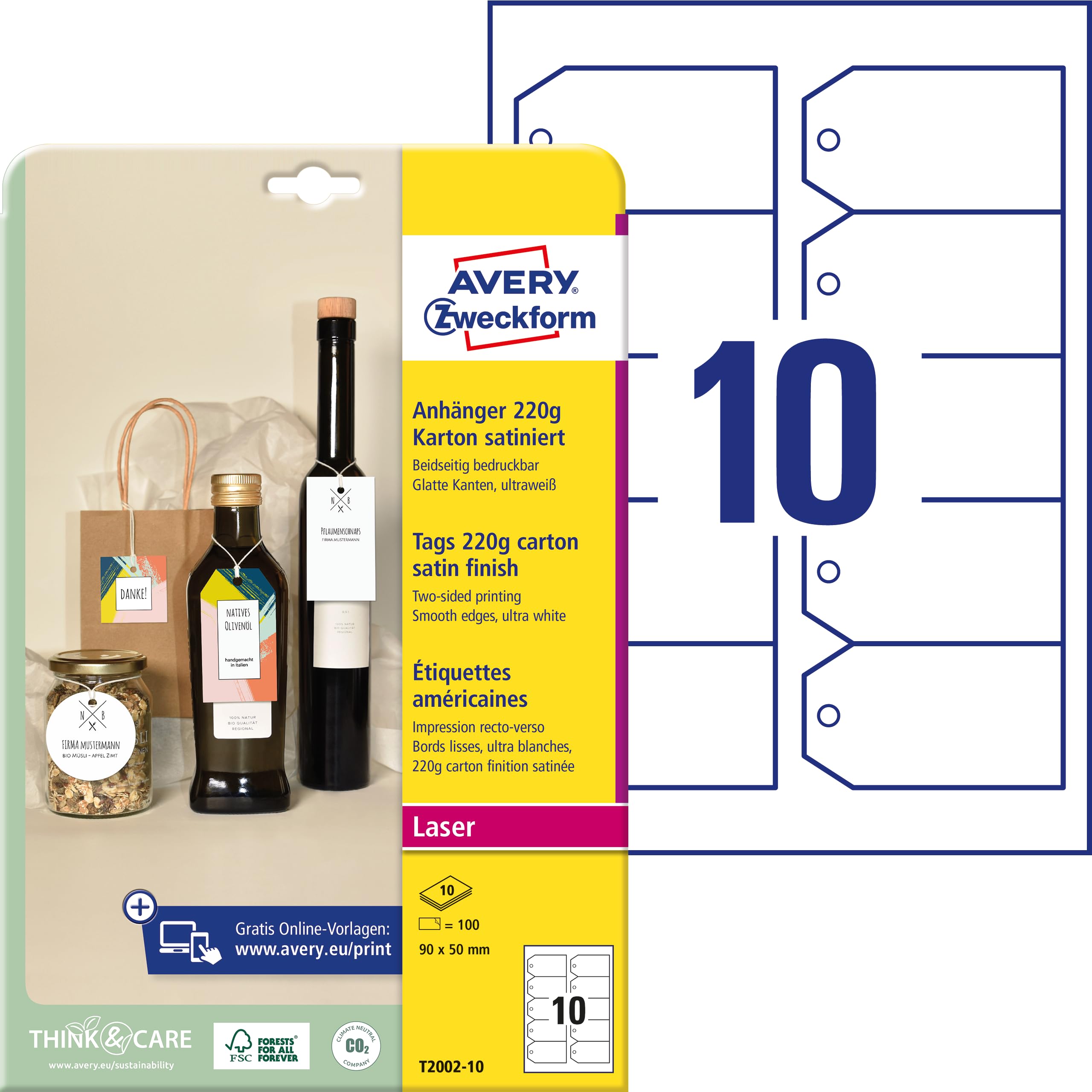 AVERY Zweckform T2002-10 Sturdy Tags with Cords 90 x 50 mm on A4 Double-Sided Product Tags Extra Smooth Edges Cardboard 220 g White Pack of 100