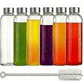 Brieftons Clear Glass Water Bottles With Caps: 6 Pack, 18 Oz Premium Soda Lime, Reusable Drinking Bottle, Sauce Jar, Juice Beverage Container, Kefir Kit, With Leakproof Lids and Cleaning Brush