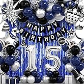 15th Birthday Decorations for Boys and Girls, Black Blue Silver Happy Birthday Number 15 Balloons, Banner, Fringe Curtains Garland Kit - 15 Year Old Party Supplies