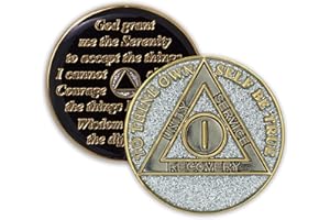 THE TOKEN SHOP 1 Year Sobriety Coin | Glitter Triplate AA Chip Recovery Anniversary Token (Silver)