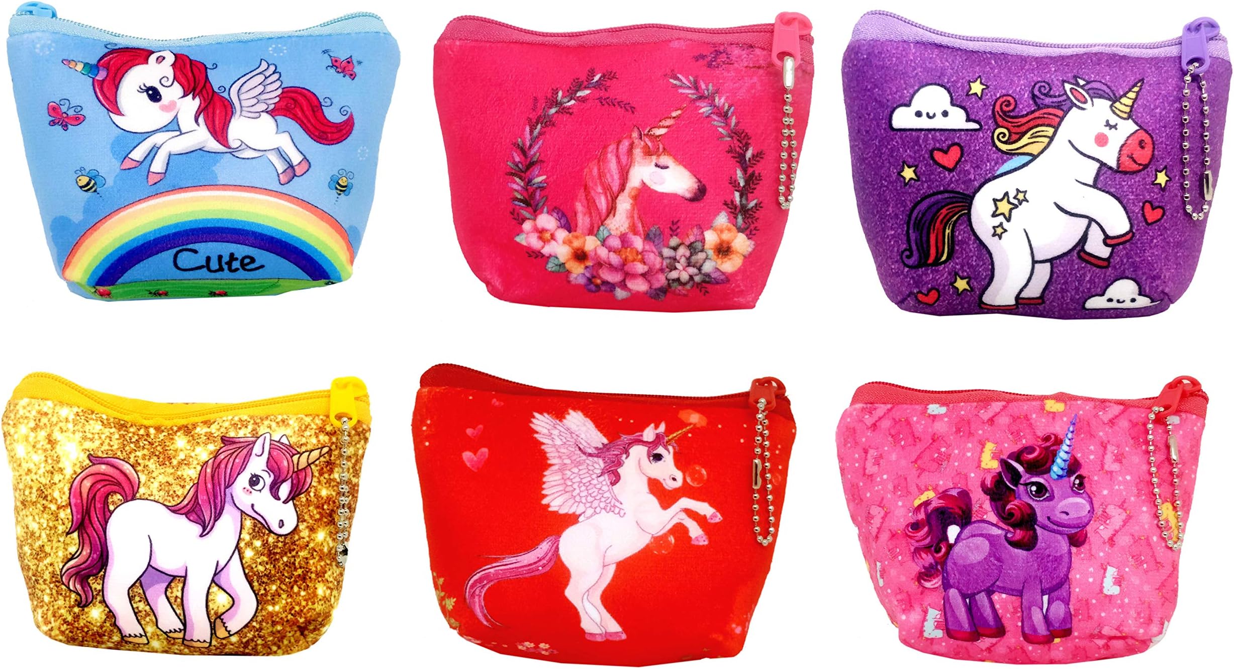 Jiada Unicorn Print Soft Pouch Coin Purse Wallet Birthday Return Gift Pack of 6 - Assorted Colours