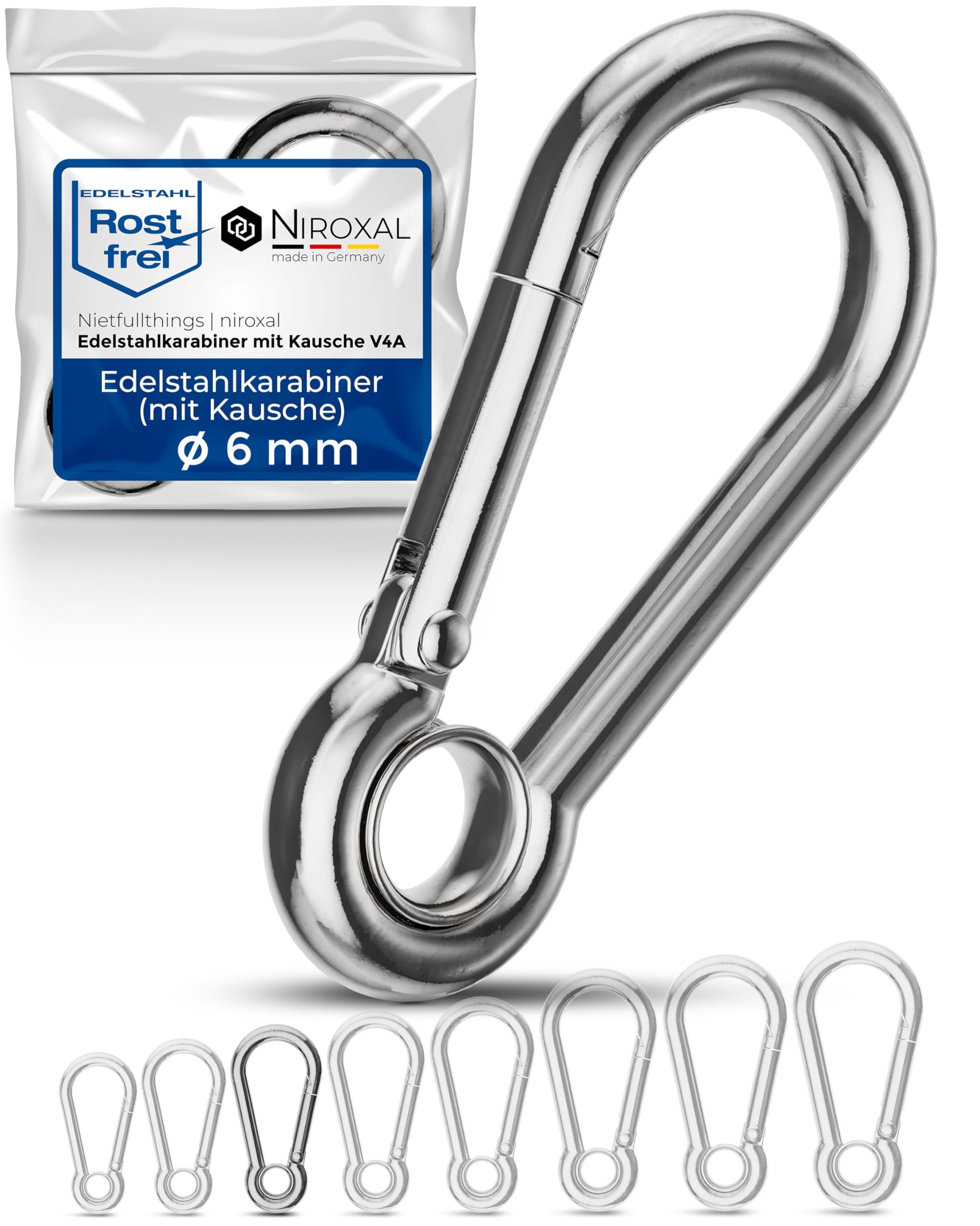 Niroxal 6 mm Stainless Steel Snap Hook with Eye Thimble – Heavy Duty Carabiner Clip – Marine Grade 316 – Spring Snap Hook – Pack of 50