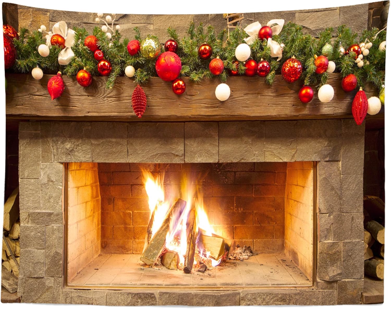 Tapestries - BELECO Christmas Fireplace Tapestry Wall Hanging Christmas Tapestry Backdrop with Xmas Balls Art Wall Decor 80x60 Inch Christmas New Year Party Decorations Backdrop Bedroom Living Room Home Decor