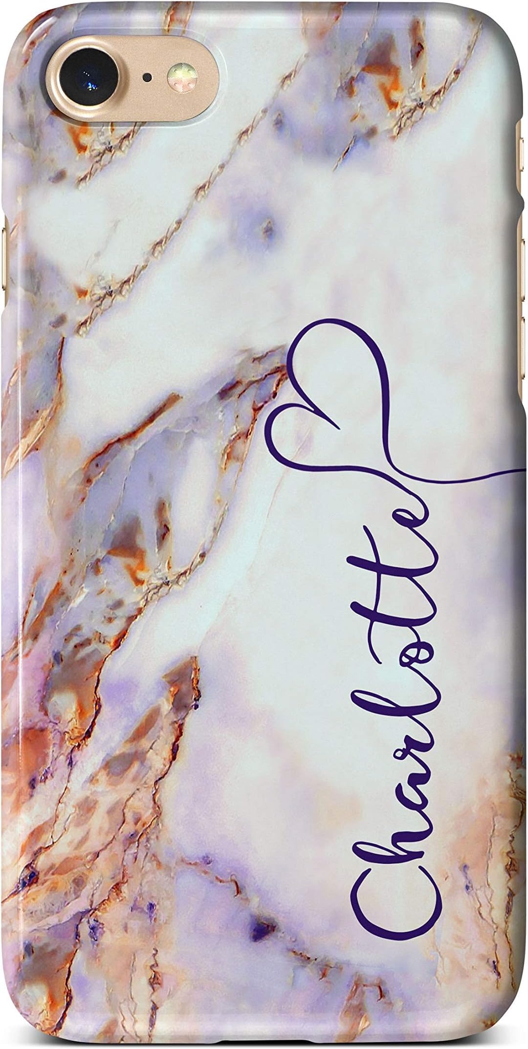 iCaseDesigner Personalised Marble Glitter Flowing Name with Heart Phone Case for Apple iPhone 7/8-7. Purple Colourful Marble Vertical Name