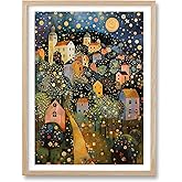 HesenDot Gustav Klimt Moon Stars Natural OAK Wood Framed Wall Art,12x16in | Village Night Canvas Print Posters Art, Klimt Exhibition Wall Decor for Living Room Bedroom Home