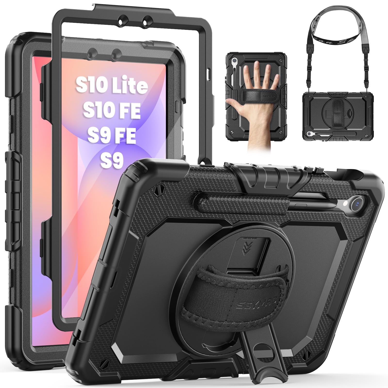 Photo 1 of SEYMAC Case for Samsung Galaxy Tab S10 Lite/ S10 FE/ S9 FE/ S9 5G (10.9''/11''), Heavy Duty Shockproof Protective Case with Screen Protector, Rotating Stand, Hand Strap and Pen Holder, Black