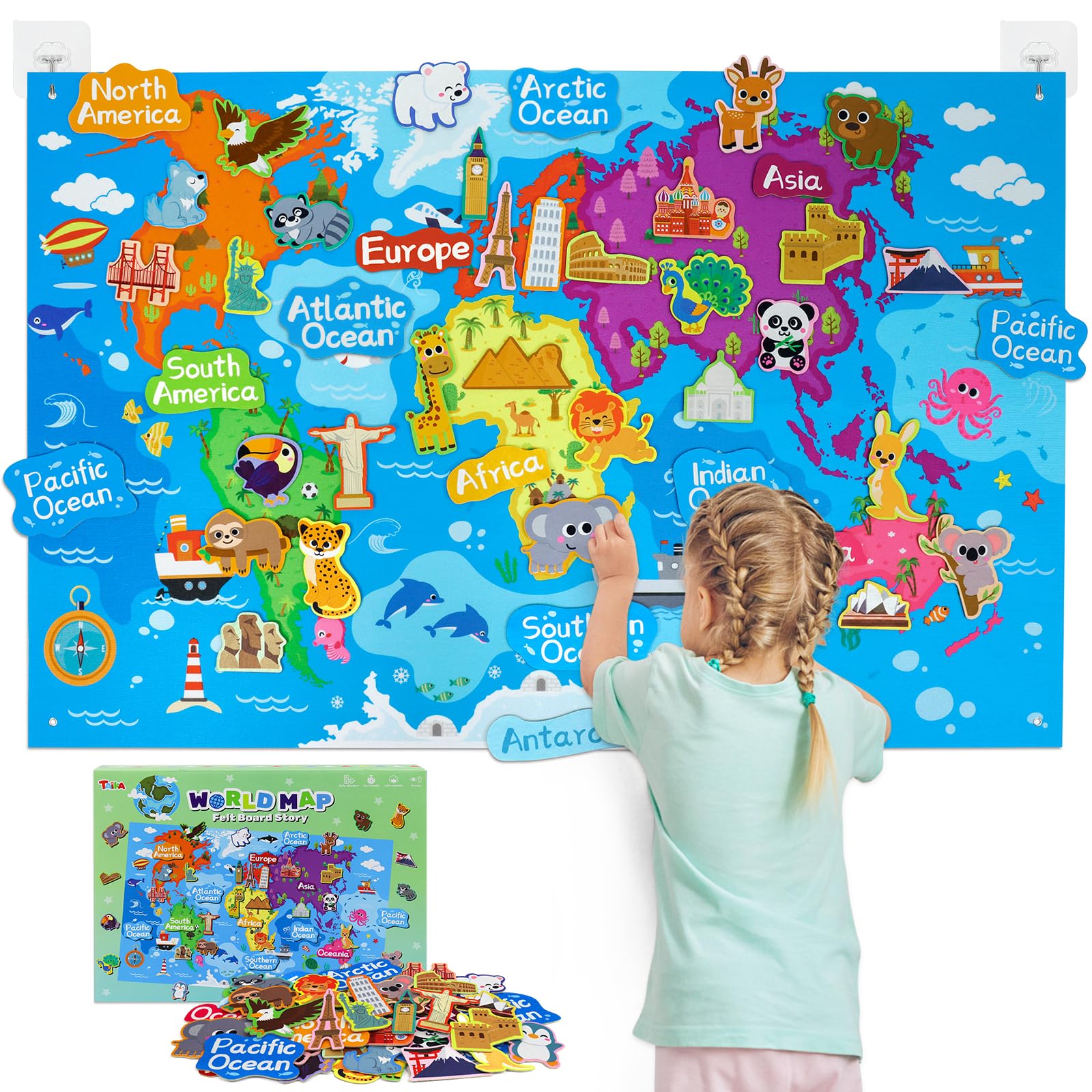 Taika 43x28 inch World Map Felt Board Set, Floor Mat, Animals Felt Story Board, Geography Theme Carpet, Kids World Country Area Rug, Colorful Map Play Mat