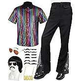 Mepase 6 Pcs Men's 70s Disco Outfit Costume New Year Eve Halloween Couples Costume 80s Bell Bottom Pants Short Sleeve Shirt