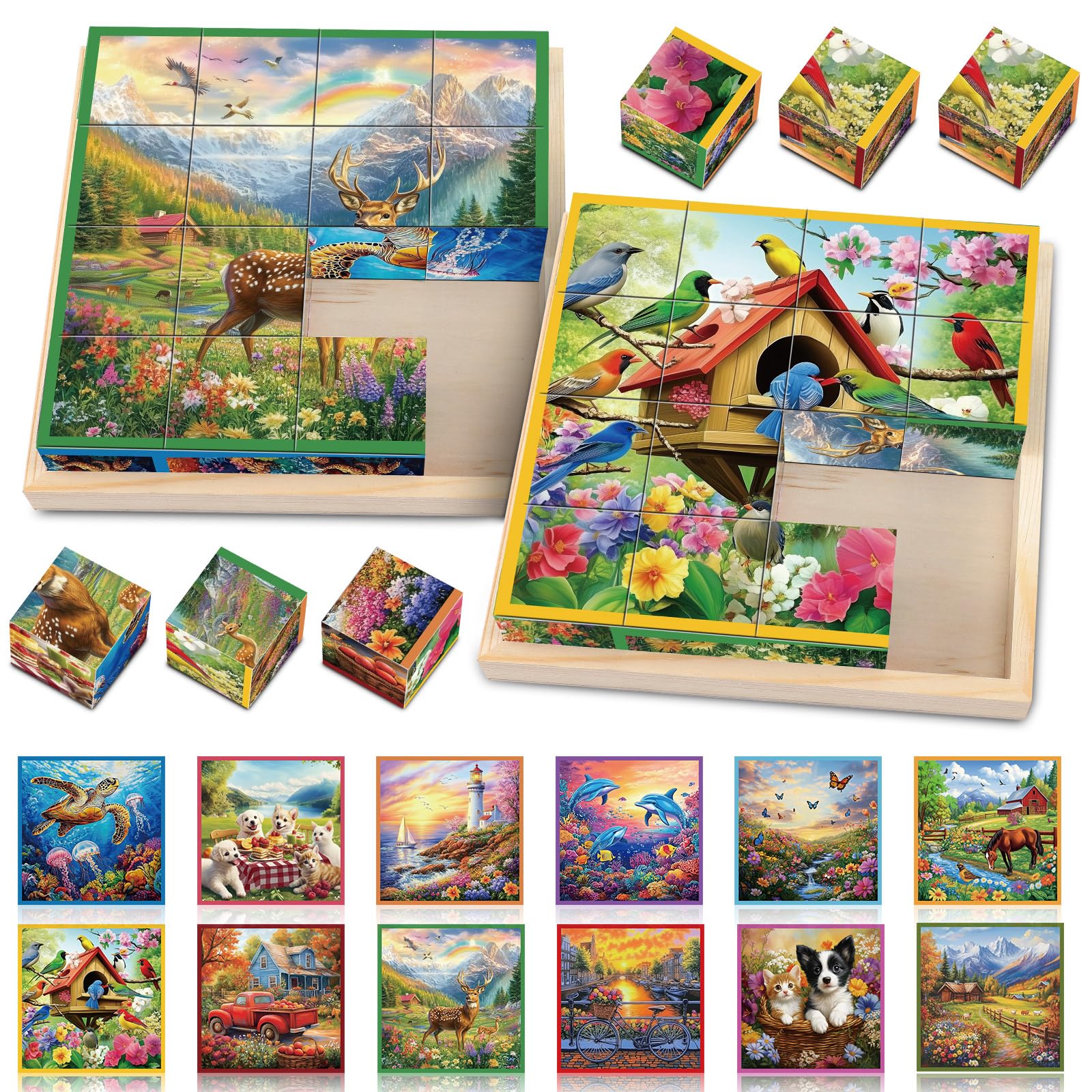 Photo 1 of 16 Patterns Blocks Cube Tile Matching Dementia Activities for Seniors 2 Sets Wooden Large Piece 3D Puzzles Box for Elderly Alzheimers Easy Memory Games for Dementia