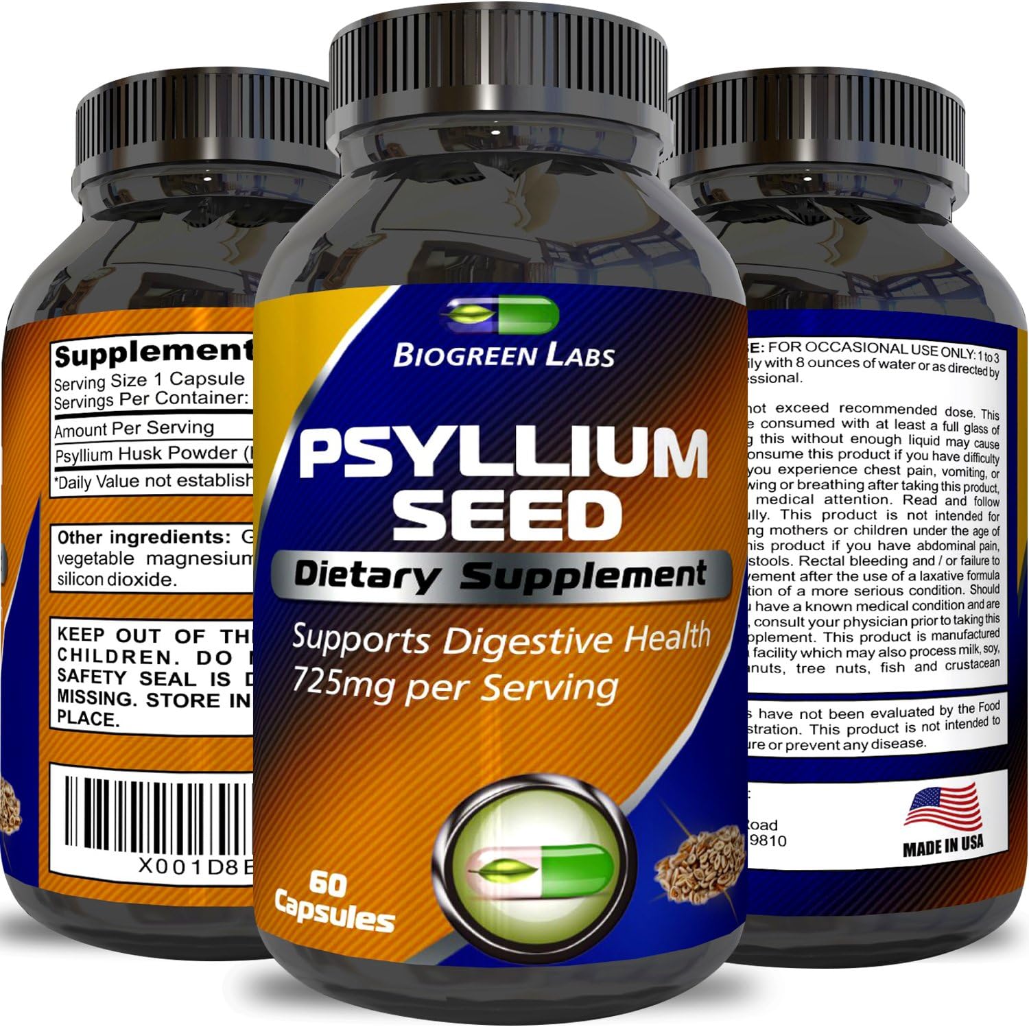 Psyllium Husk Powder Capsules - Pure Dietary Fiber Supplement - Natural Appetite Suppressant Lose Weight Fast Relieve Constipation Support Digestive System - for Men and Women by Biogreen Labs