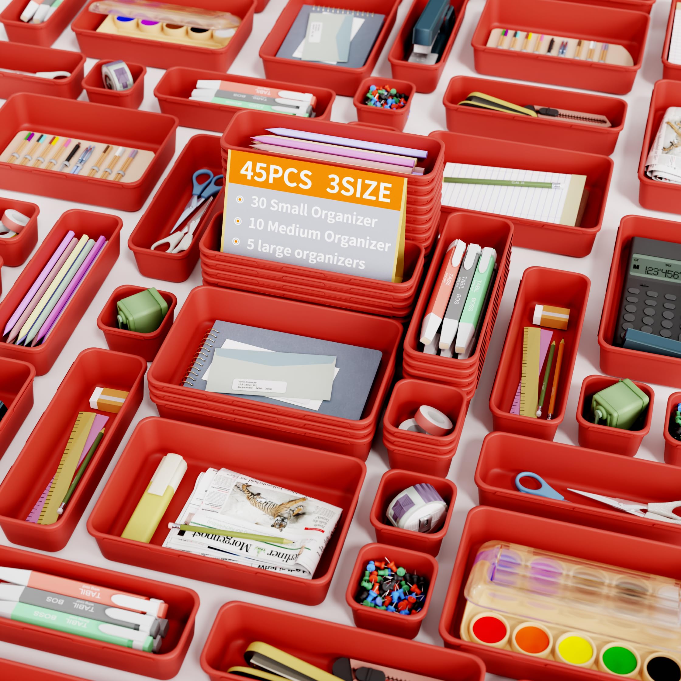 Giklux 45 Pcs Makeup Drawer Organiser Trays, 3 Sizes Desk Drawer Dividers Organisers for Cutlery, Kitchen, Bathroom, Cosmetics, Vanity, Dressing Table, Tool Box, Plastic Junk Draw Organiser, Red