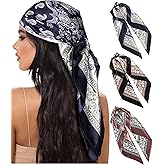 AWAYTR 35” Large Square Satin Head Scarf - 3Pcs Satin Hair Scarves Silk Bandana Scarf Headscarf Silk Feeling Scarf for Women