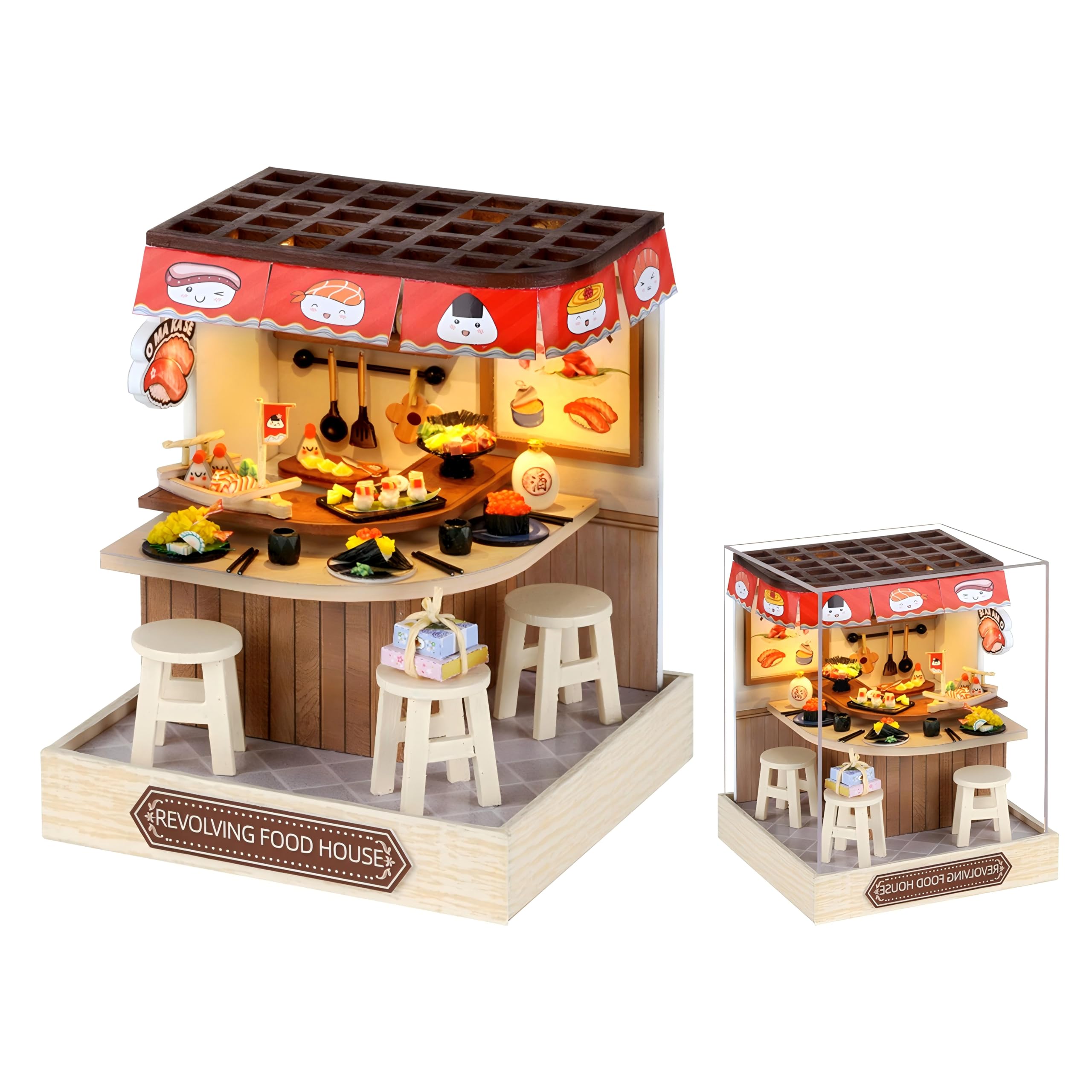 Lycidae DIY Miniature House Kit, Mini Dollhouses, 3D Wooden Kit with LED and Dust Cover, Handmade Crafts for Children Teens Adults Friends Birthday Home Decor(Revolving Food) — image 1