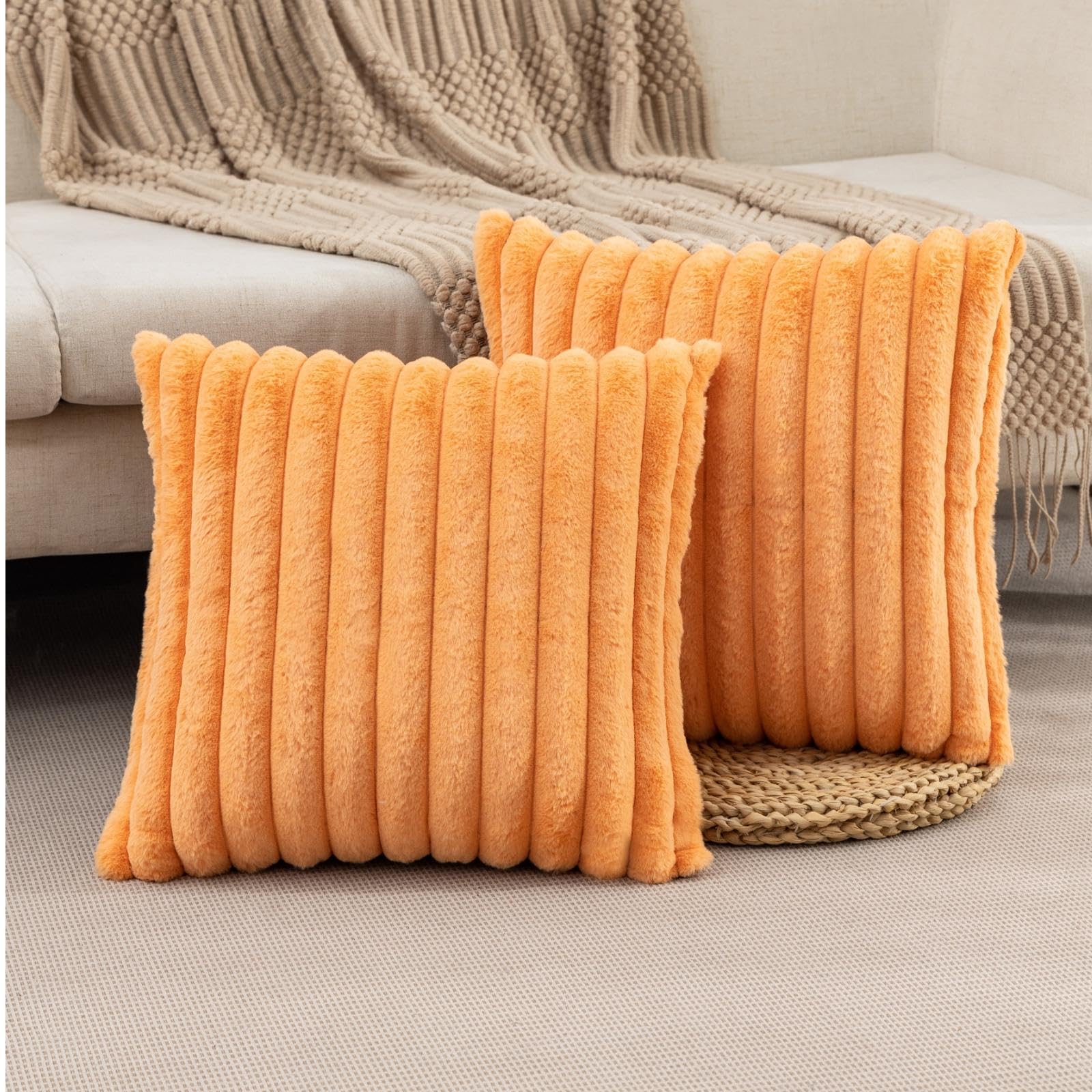 ZLINA Set of 2 Orange Faux Fur Decorative Throw Pillow Covers Fluffy Striped Pillowcase Cushion Covers 26 x 26 Inch Decor Sofa Couch Bedroom