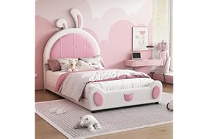 MERITLINE Twin Size Upholstered Platform Bed with Rabbit Shaped Headboard, PU Upholstered Twin Size Bed Frame for Kids Teens, Boys Girls,White+Pink