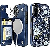 uCOLOR for iPhone 17 Wallet Case Magsafe with Card Holder Slot【Compatible with MagSafe】 Folio Flip PU Leather Double Magnetic RFID Design with Camera Lens Protector 6.3" (Navy Blue Daisy)