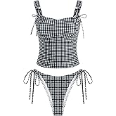 ZAFUL Women's Gingham Ruched Bowknot Decor Cinched Back Tankini Set Tummy Control 2 Piece Bikini Swimsuits