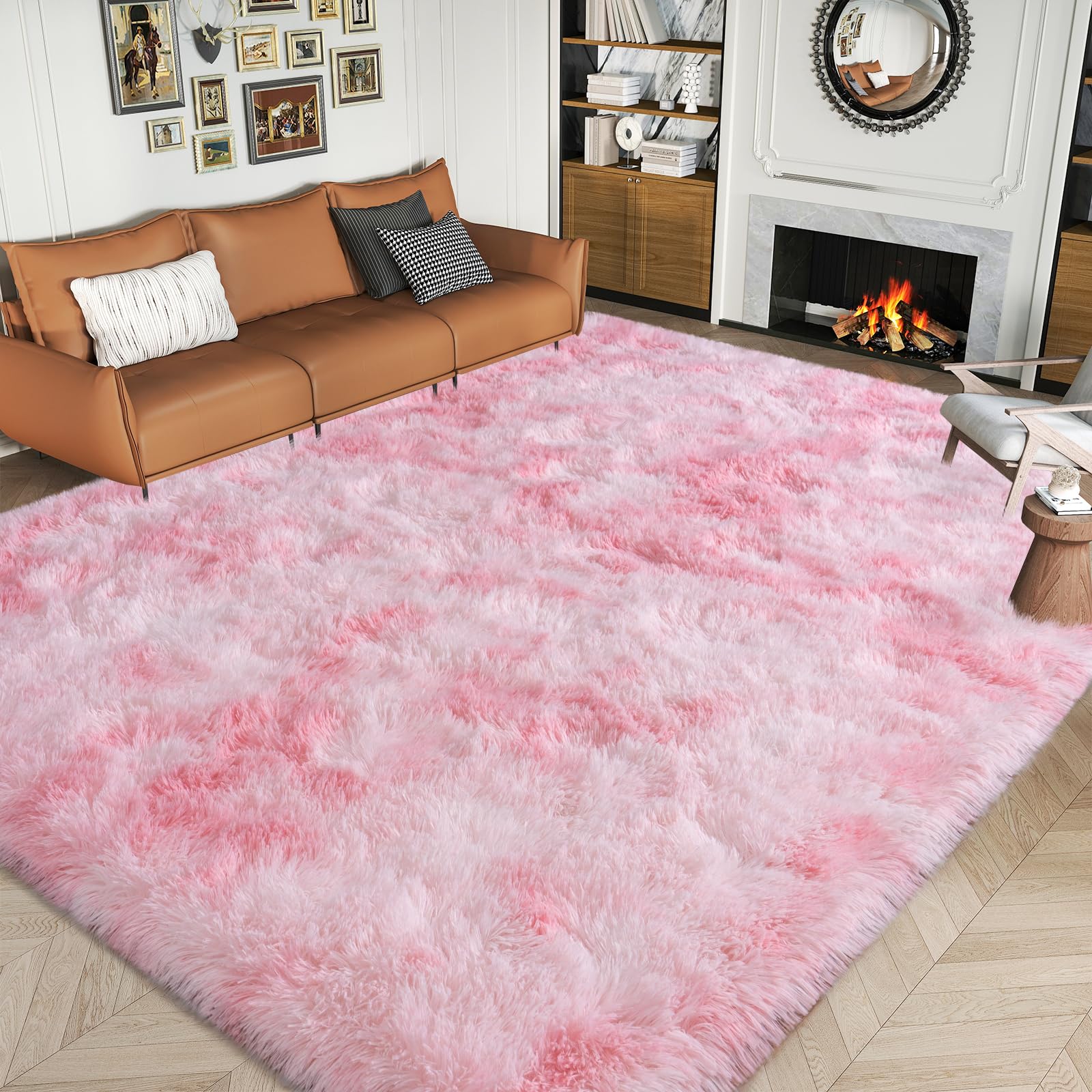 Dssimo Super Fluffy 8x10 Area Rugs for Living Room, Modern Large Tie-dye Shag Pink Rug for Bedroom, Non-Slip Plush Shaggy Thick Pink Carpet for Nursery Kids Room Dorm Indoor Home Office Decor