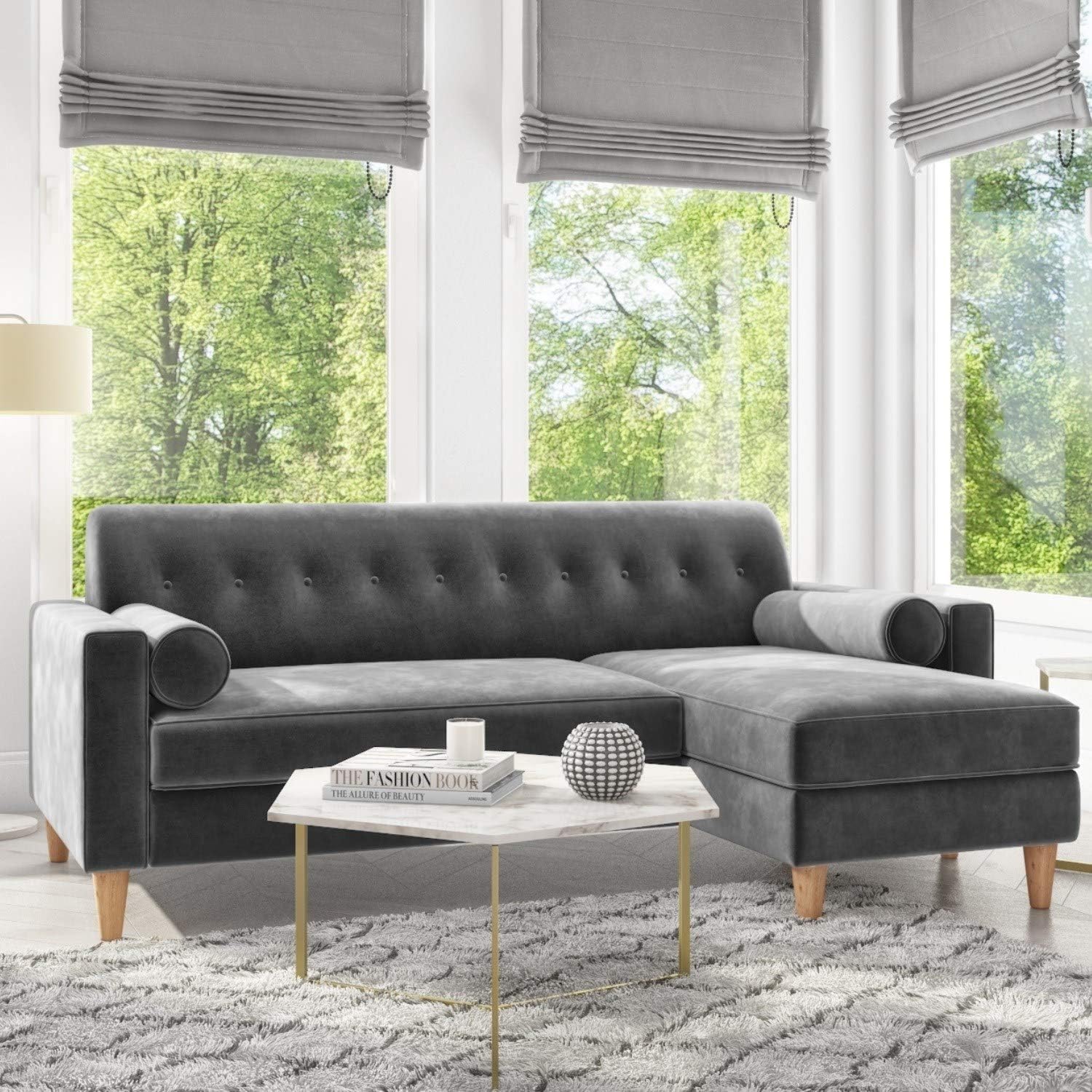 Idris Grey Velvet Corner Sofa with Bolster Cushions Amazon.co.uk