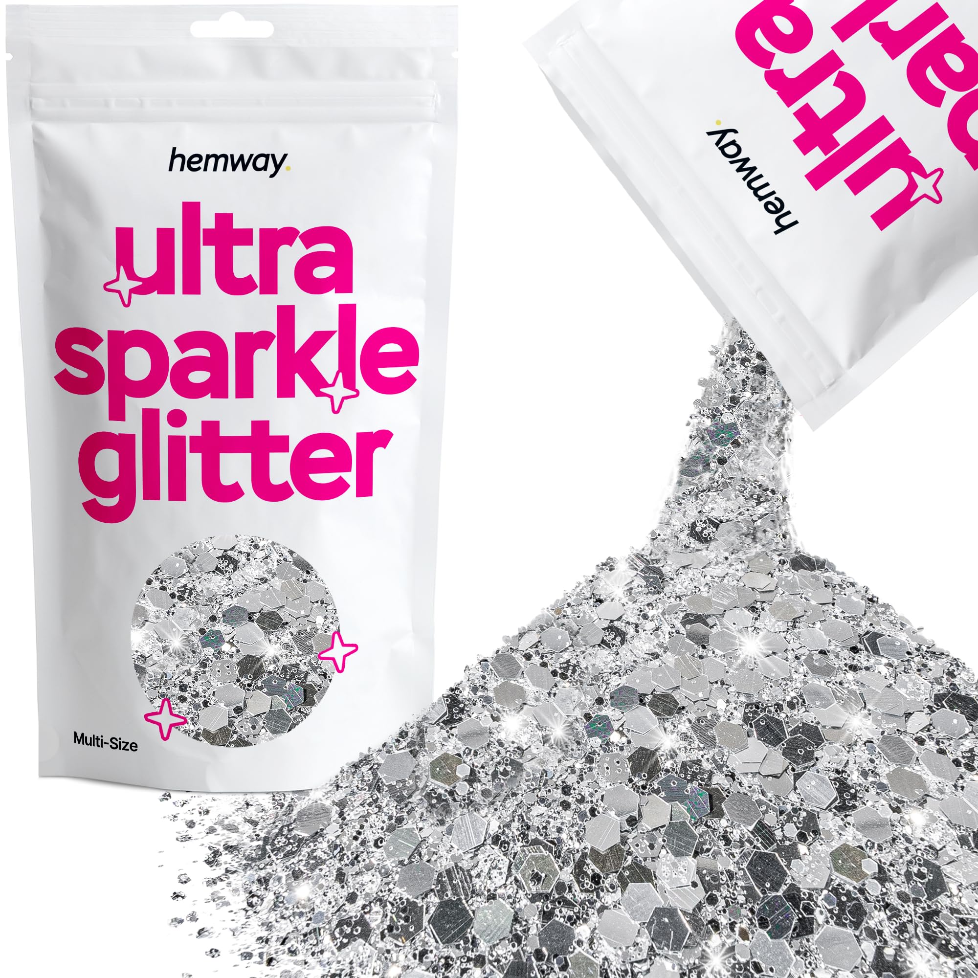 Hemway Ultra Sparkle Glitter Silver 100g Multi Size | Glitter for Arts & Craft, Makeup, Nail Art, Crafting, Card Making, Sparkle Decoration