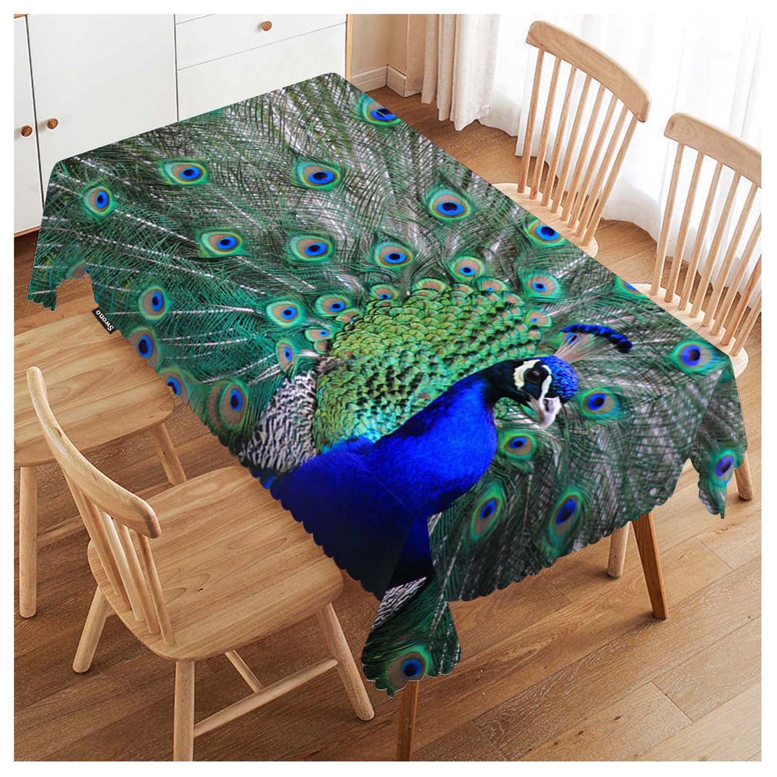 Photo 1 of Swono Peacock Table Cloth Rectangle Tables Beautiful Bird Peacock Feathers Kitchen Table Cover Oblong 52"X70" Tablecloth for Dining Table Buffet Parties Patio and Camping, Green